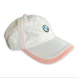 BMW Lifestyle Ladies Hat White Pink Embroidered Logo Adjustable Strap NWOT